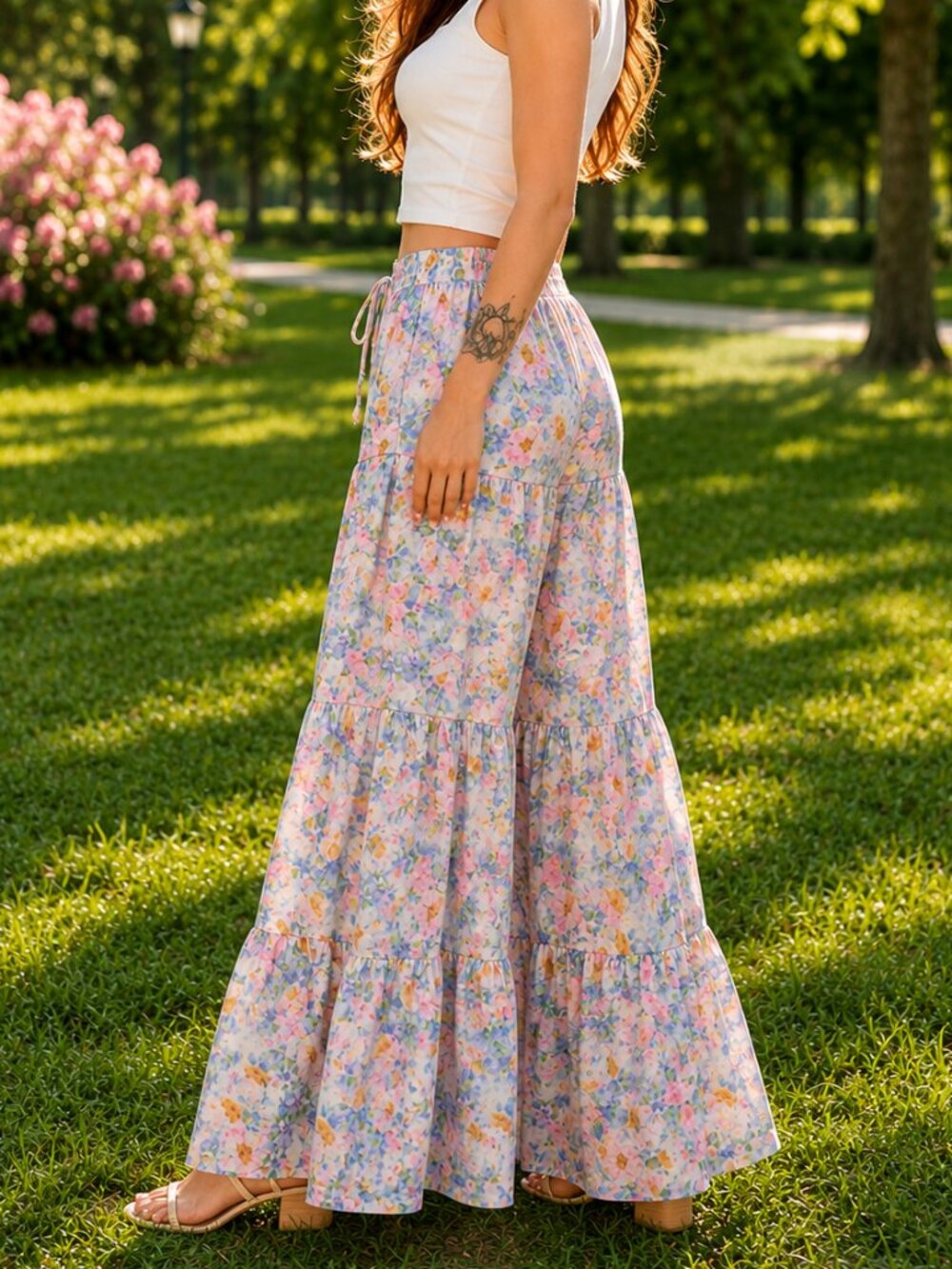 BiBi Boho Floral  Ruffle Cotton Tiered Flare Wide Leg Elastic Waist Pants